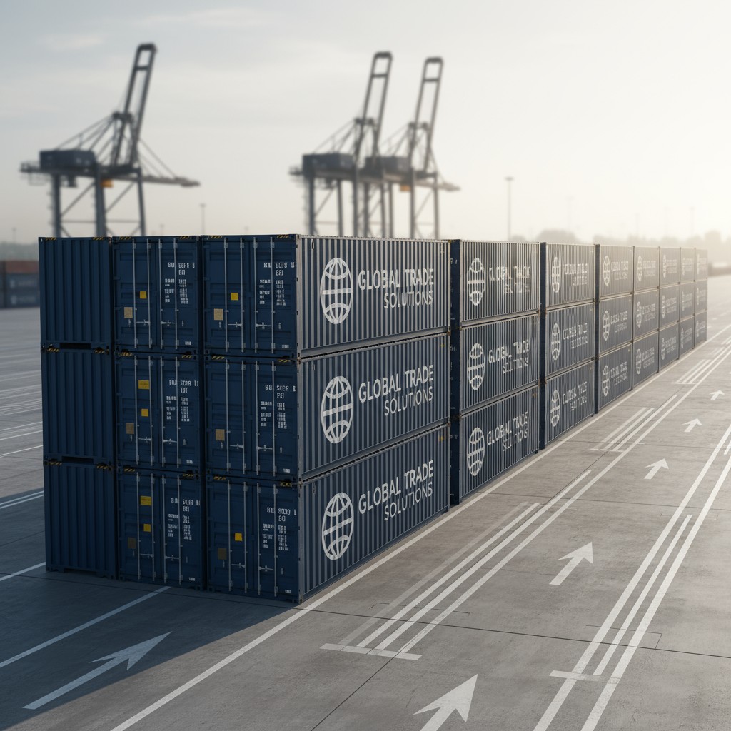 A long row of stacked shipping containers. Cargo cranes in the background. Arrows on the road point to the left and right....