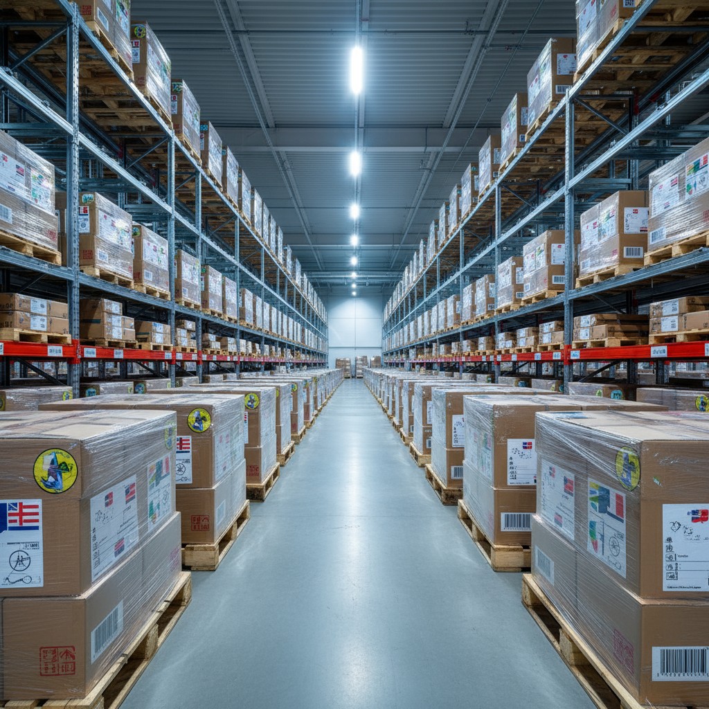 A long warehouse aisle with rows of shelves, each stocked with cardboard boxes on wooden pallets, and a concrete or light ...