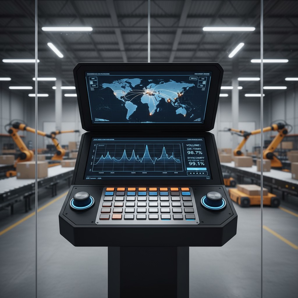 An industrial-style control panel with a large screen displaying a world map and a graph against a blurred warehouse backg...