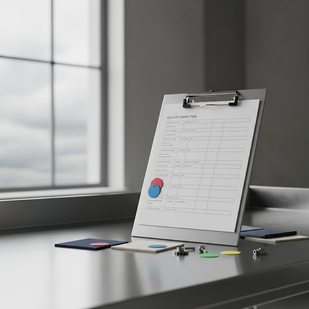 A clipboard on a desk with a blank quality inspection form, and other office materials around it. A window is visible in t...