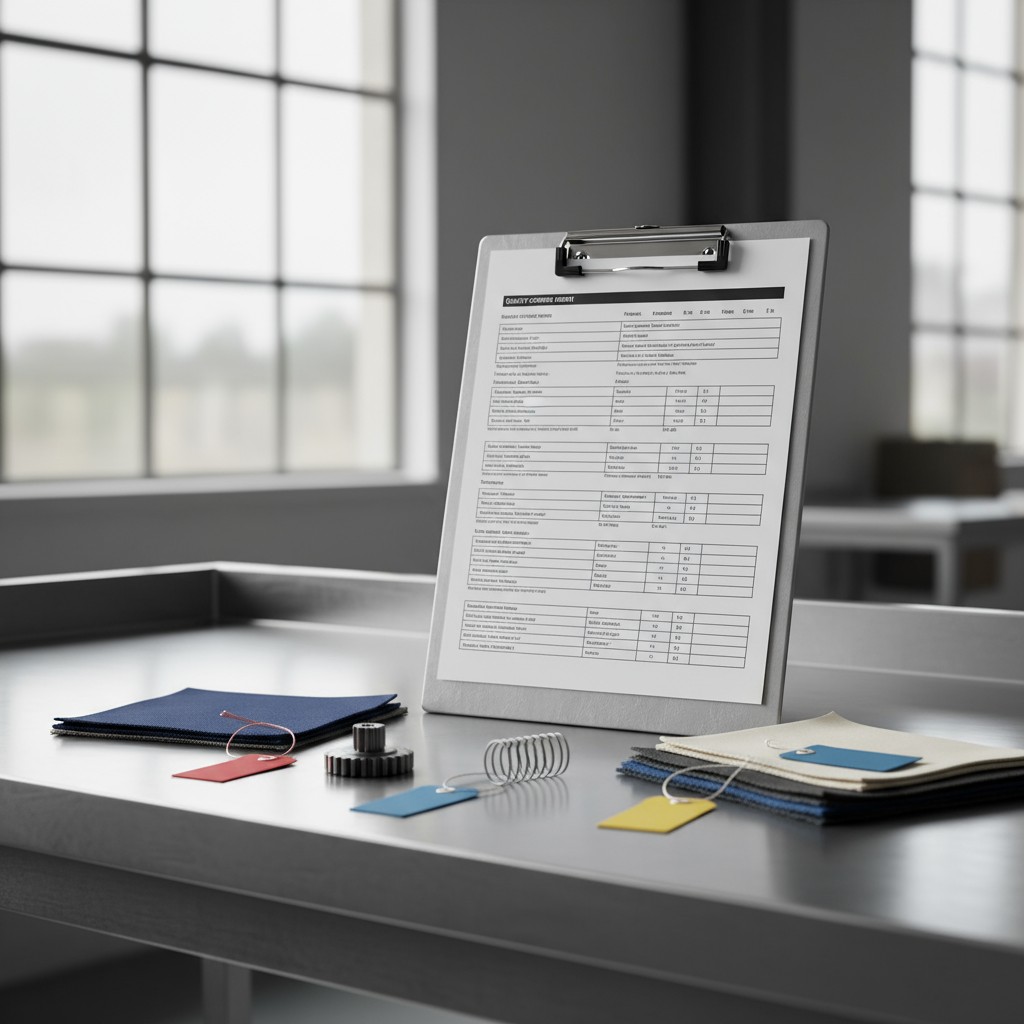 A clipboard, fabric swatches, and other materials on a desk next to a gray wall.